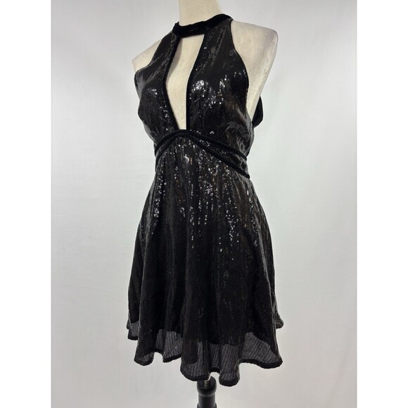 Free People Film Noir Sequin Mini Dress Black Size 10 Backless Cut Out Plunge - Picture 10 of 10